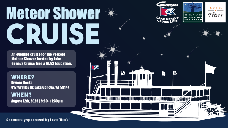 Dark colored banner for the Meteor Shower Cruise. There are stars in the background with a Lake Geneva Cruise Line boat along the bottom.